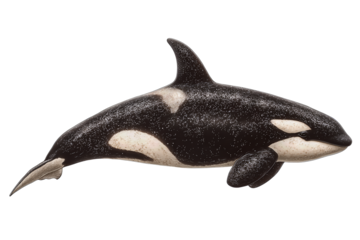 Young orca in gentle motion, softer tone transitions and moist surface detail, sleek marine form, isolated on transparent background
