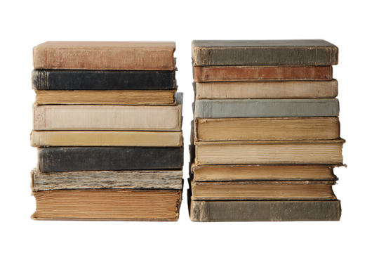 Piles of old books with cloth-bound spines and faded tones, delicate page edges and aged charm, isolated on transparent background
