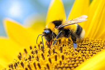 close-up of bumblebee hovering over sunflower, its fuzzy body glistening with pollen