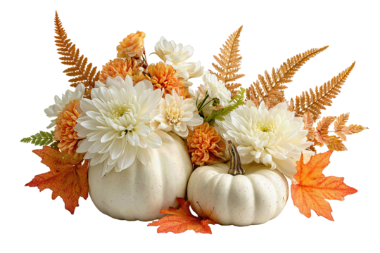 Autumn centerpiece, two matte white mini pumpkins with chrysanthemums, ferns and maple leaves arranged low and wide, warm harvest palette, isolated on transparent white background, no shadow or reflec