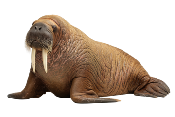 Massive walrus with finely striated tusks and textured brown skin, subtle whiskers and folds enhancing realism, isolated on transparent background
