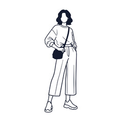Simple black and white woman vector illustration wearing stylish loose pants