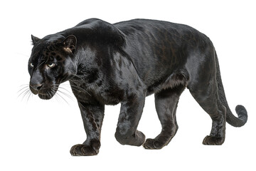 Fototapeta premium Stealthy black panther with glossy dark coat, hidden rosettes under soft light and tense predatory focus, isolated on transparent background 