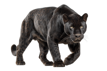 Stealthy black panther with glossy dark coat, hidden rosettes under soft light and tense predatory focus, isolated on transparent background
