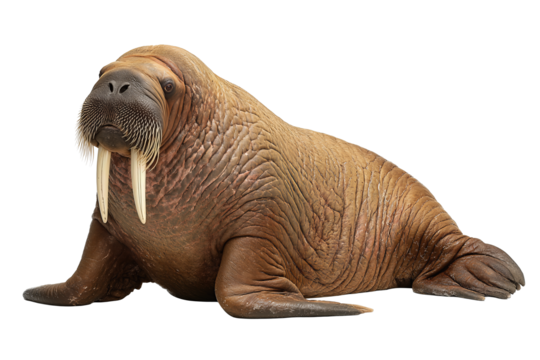 Massive walrus with finely striated tusks and textured brown skin, subtle whiskers and folds enhancing realism, isolated on transparent background
