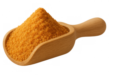 Brown sugar granules in a wooden scoop, forming a pile. Sweet ingredient for baking and cooking on a transparent background