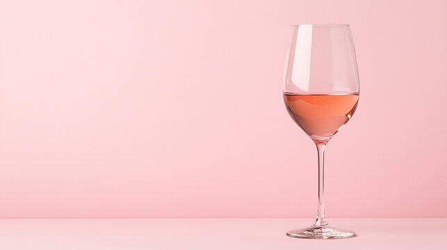 A single wine glass filled with rose wine sits against a soft pink wall, evoking elegance, relaxation, and celebration. Perfect for lifestyle, romance, dining, and wine events visuals.