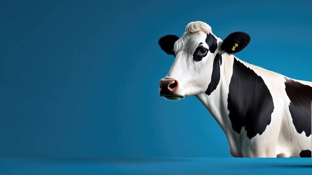 Dairy Cow Portrait: A close-up studio shot of a beautiful Holstein dairy cow. The bovine's striking black and white markings and gentle eyes and expression, with a simple, elegant style.