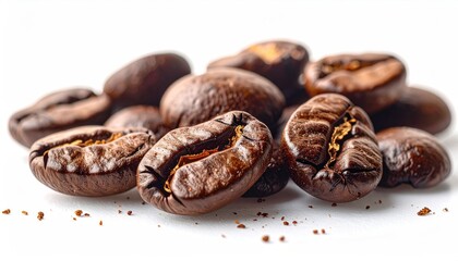Obraz premium Pile Of Roasted Coffee Beans Close Up Macro Shot With White Background Studio Lighting