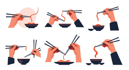 Collection of illustrations depicting hands using chopsticks to pick up food from bowls.