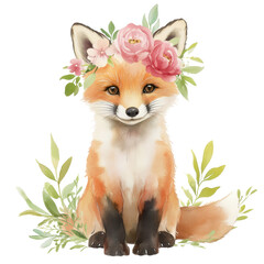 Obraz premium Adorable Fox with Floral Crown: A charming fox, adorned with a delicate crown of flowers, exudes a sense of sweet tranquility. This captivating scene captures the essence of spring's gentle embrace.