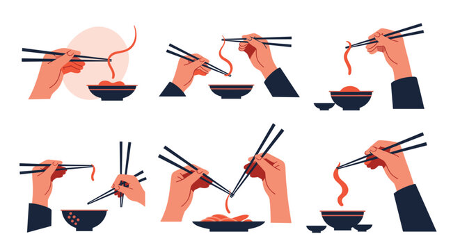 Collection of illustrations depicting hands using chopsticks to pick up food from bowls.