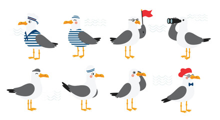 A collection of eight cute cartoon seagulls dressed in various nautical-themed outfits and accessories.
