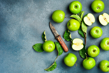 A set of green ripe apples. Close-up.