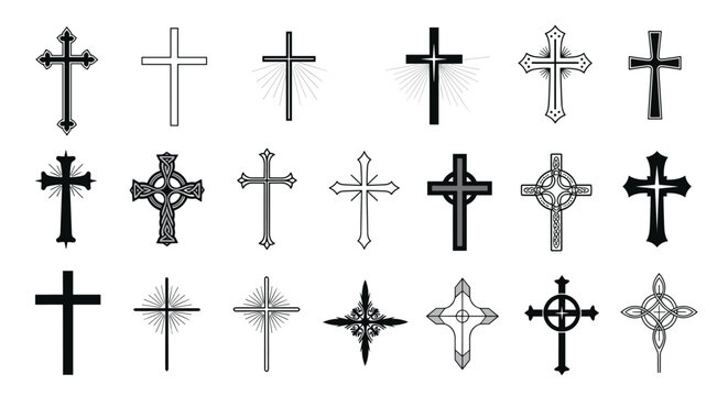 Collection of various black and white Christian cross symbols with intricate designs and simple styles.
