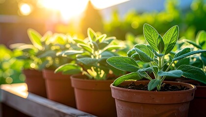 Obraz premium A row of leafy green plants in brown pots with bright sunlight