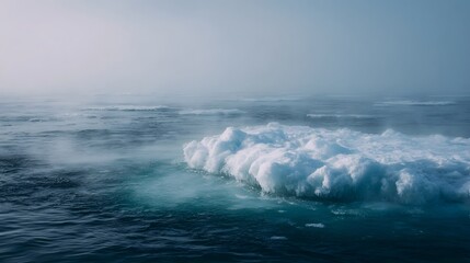 Fototapeta premium A serene ice floe floats in the cold ocean water surrounded by mist and gentle waves under a hazy sky