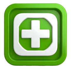 Obraz premium A bright green square icon with a white cross inside a rounded square, on a black backdrop