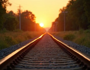 Fototapeta premium Railway tracks stretch towards a glowing sunset horizon. Trees frame the scene with warm light. Open space with grass and gravel beside the path.