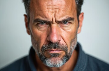 Middle aged man with beard looks with disapproval. His forehead is creased expressing worry. Serious male person shows negative emotion in closeup photo. Doubt and skepticism are visible.