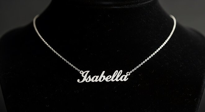 A delicate silver nameplate necklace spelling Isabella on black background