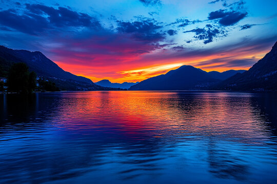 deep blue lake at dusk, reflecting the vibrant colors of the setting sun
