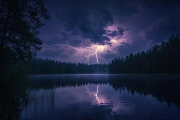 deep forest lake reflecting powerful lightning storm, electric veins streaking across the sky