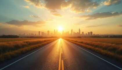Road leads to city under sunset. Highway view with dramatic sky colors. Asphalt road stretches towards urban skyline horizon. Travel concept. Transportation infrastructure. Journey destination idea.