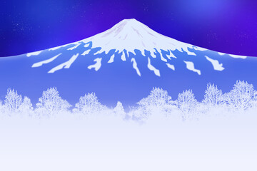 夜の富士山と木、雪、冬の背景イラスト