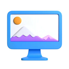 A stylized blue desktop monitor displays a 3D-rendered landscape