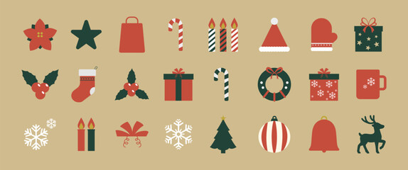 Cute Christmas illustration elements collection with holiday icons like gift boxes, mistletoe, snowflakes, Christmas tree, wreath, candy cane, Santa hat, and winter accessories.