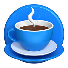 Blue coffee cup with steam atop saucer and plate on a black background
