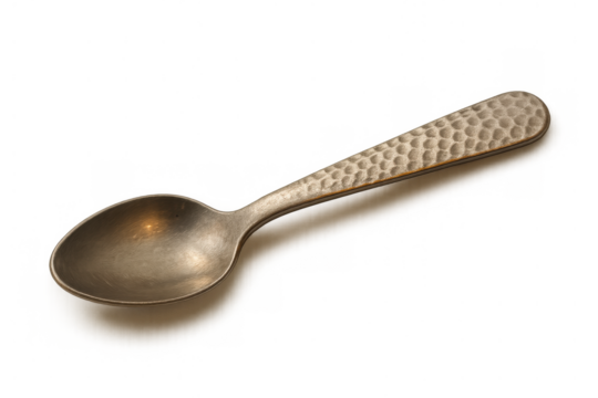 Hammered metal spoon with antique texture, traditional serving utensil for food, isolated on transparent background