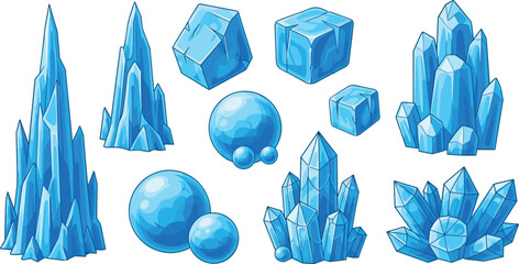 Blue crystal icons, stylized mineral shapes, cartoon gem clusters, geometric crystal formations, fantasy assets, glowing stones, game design elements