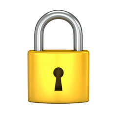 Gleaming golden padlock, keyhole visible, arched metal shackle, against stark black