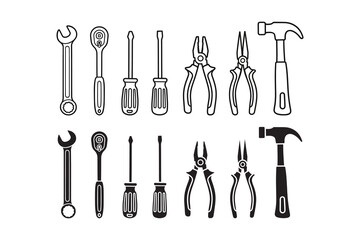 Hand tools outline and silhouette icon set with wrench, plier, hammer, screwdriver for industrial, workshop, repair. Mechanic equipment line art and solid element design pack for construction work