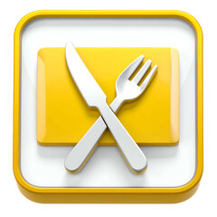 Glossy, rounded-square icon of crossed knife and fork over yellow block on white