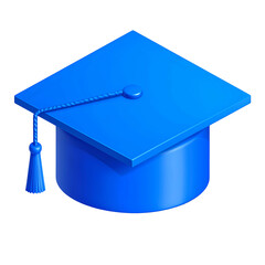 Isometric view of a blue graduation cap, tassel hanging, on a black background