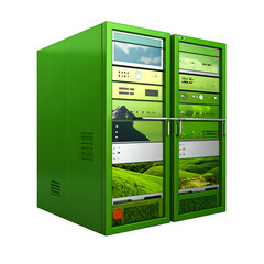 Green server rack with landscape images on monitors & panels, on black background