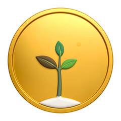Render of a golden coin featuring a sprouting plant, symbolizing growth