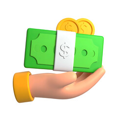 Rendered hand holding cash and coins, green bills and gold currency, isolated black background