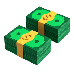 Two stacks of green currency bound with yellow bands on a black background