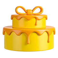 Two-tiered yellow cake with orange dripping icing and a decorative bow on top