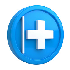 3D rendered, bright blue button with a white plus sign and vertical line