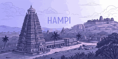 Fototapeta premium Hampi Skyline Illustration Featuring Virupaksha Temple, Vittala Temple & Tungabhadra River for Travel Promotion and Wall Art