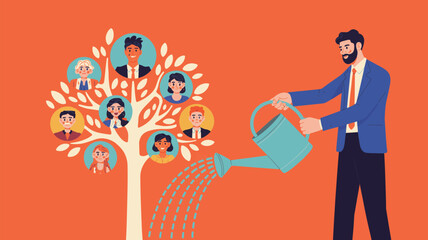 Man watering a family tree with portraits of people