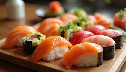 Colorful sushi assortment arranged on wooden platter. Diverse rolls include salmon avocado maki, tuna nigiri. Fresh seafood meal represents Japanese culinary tradition. Healthy food option for lunch