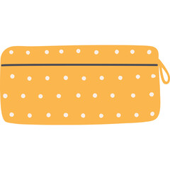Stylized Yellow Pencil Case with White Polka Dots and a Small Loop on the Side on a Transparent Background