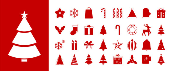 Festive Christmas icons collection in flat red and white style with traditional holiday symbols including Christmas trees, ornaments, gift boxes, snowflakes, holly.