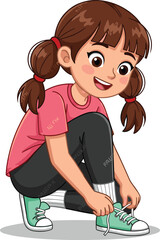 Cartoon girl tying shoelaces, daily activity, crouching pose, casual outfit, green sneakers, child character, vector illustration, smiling